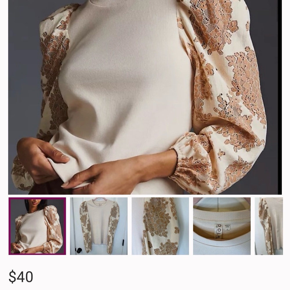 Dolan Anthropologie Cream and Brown Lace Sleeve Blouse